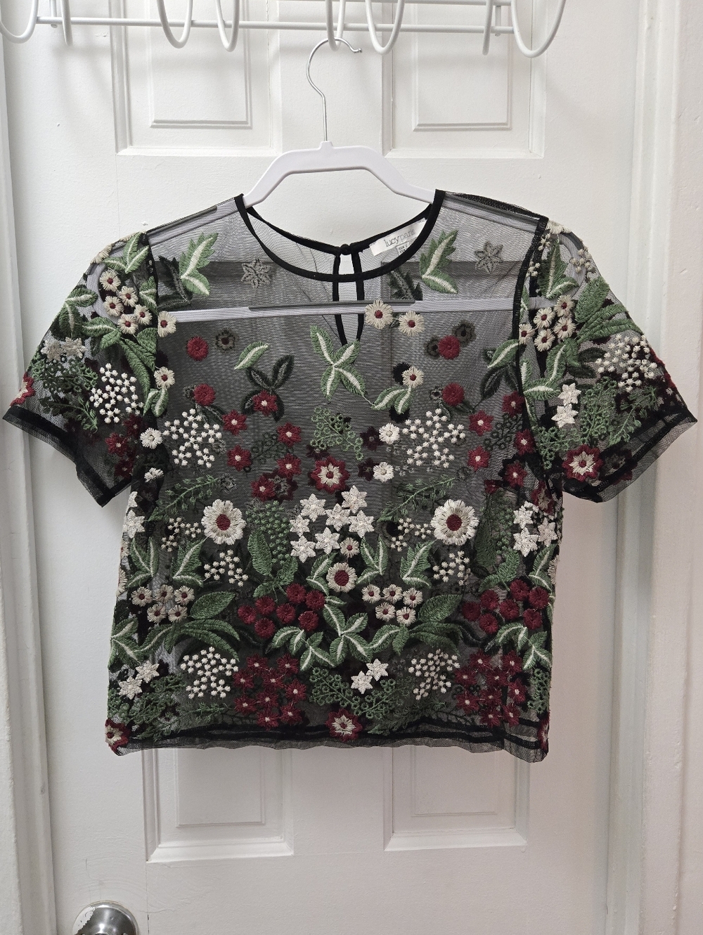 LUCY PARIS Black Floral Sheer Short Sleeve Cropped Shirt Blouse Top Small